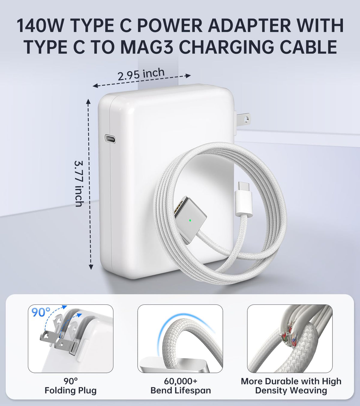 140W Charger for MacBook Pro 16/14 inch Mac Air 15/13 inch 【Original Quality】 2021-2025 M1–M4 2m/6.6FT Magnetic 3 Cable LED & Type C Fast Charger Power Adapter (Between 2021-2025)
