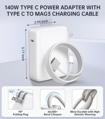 140W Charger for MacBook Pro 16/14 inch Mac Air 15/13 inch 【Original Quality】 2021-2025 M1–M4 2m/6.6FT Magnetic 3 Cable LED & Type C Fast Charger Power Adapter (Between 2021-2025)
