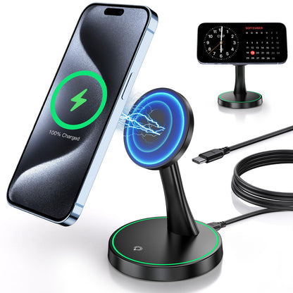 Magnetic Wireless Charger Stand 15W Fast Mag-Safe Charger for iPhone 17/17 pro/ 17 Air/ 17 pro max 16/15/14/13/12 Series Magnet Wireless Charging Station/Pad with Sleep-Friendly Light for AirPods