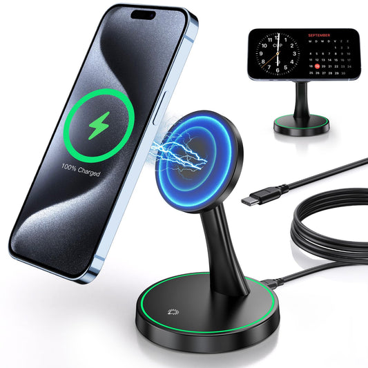 Magnetic Wireless Charger Stand 15W Fast Mag-Safe Charger for iPhone 17/17 pro/ 17 Air/ 17 pro max 16/15/14/13/12 Series Magnet Wireless Charging Station/Pad with Sleep-Friendly Light for AirPods