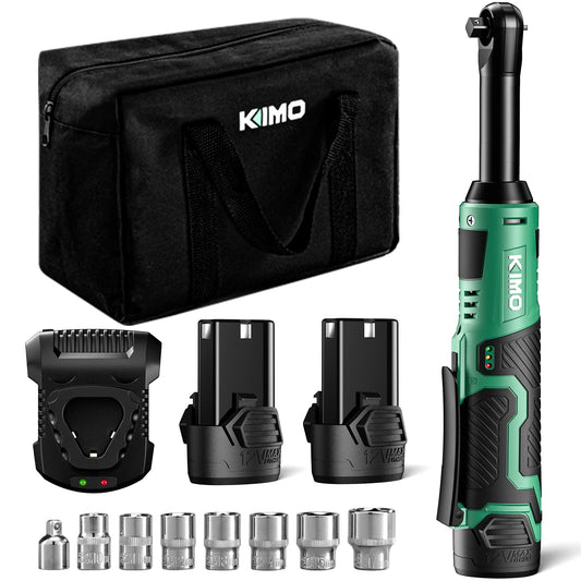KIMO 3/8" Extended Electric Ratchet Wrench Set, 40 Ft-Lbs 400 Rpm 12V Cordless Ratchet Wrench w/ 2-Pack 2.0 Ah Batteries, 1 Hour Fast Charger & 8 Sockets, Power Ratchet w/Variable Speed & LED Light