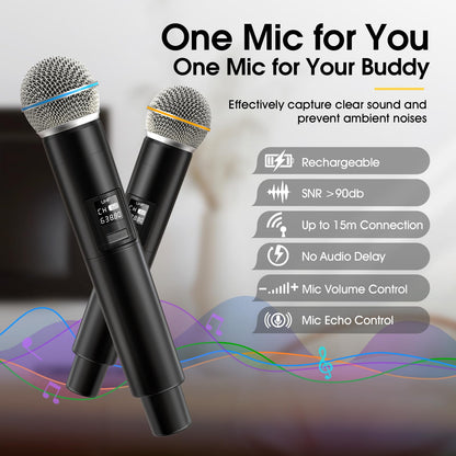Karaoke Machine, Retro-Design Speaker with 2 Wireless Microphones for Adults & Kids, Portable Karaoke System for Home Party, Bluetooth/AUX/USB/TF Support, Gifts for Women & Girls