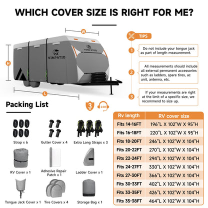 VINPATIO Travel Trailer RV Cover: 7 Layers Heavy Duty RV & Trailer Cover, Toy Hauler Cover Fits 18'-20' RV Camper Cover with 4 Tire Covers, Extra Windproof Straps, Tongue Jack Cover, Gutter Covers