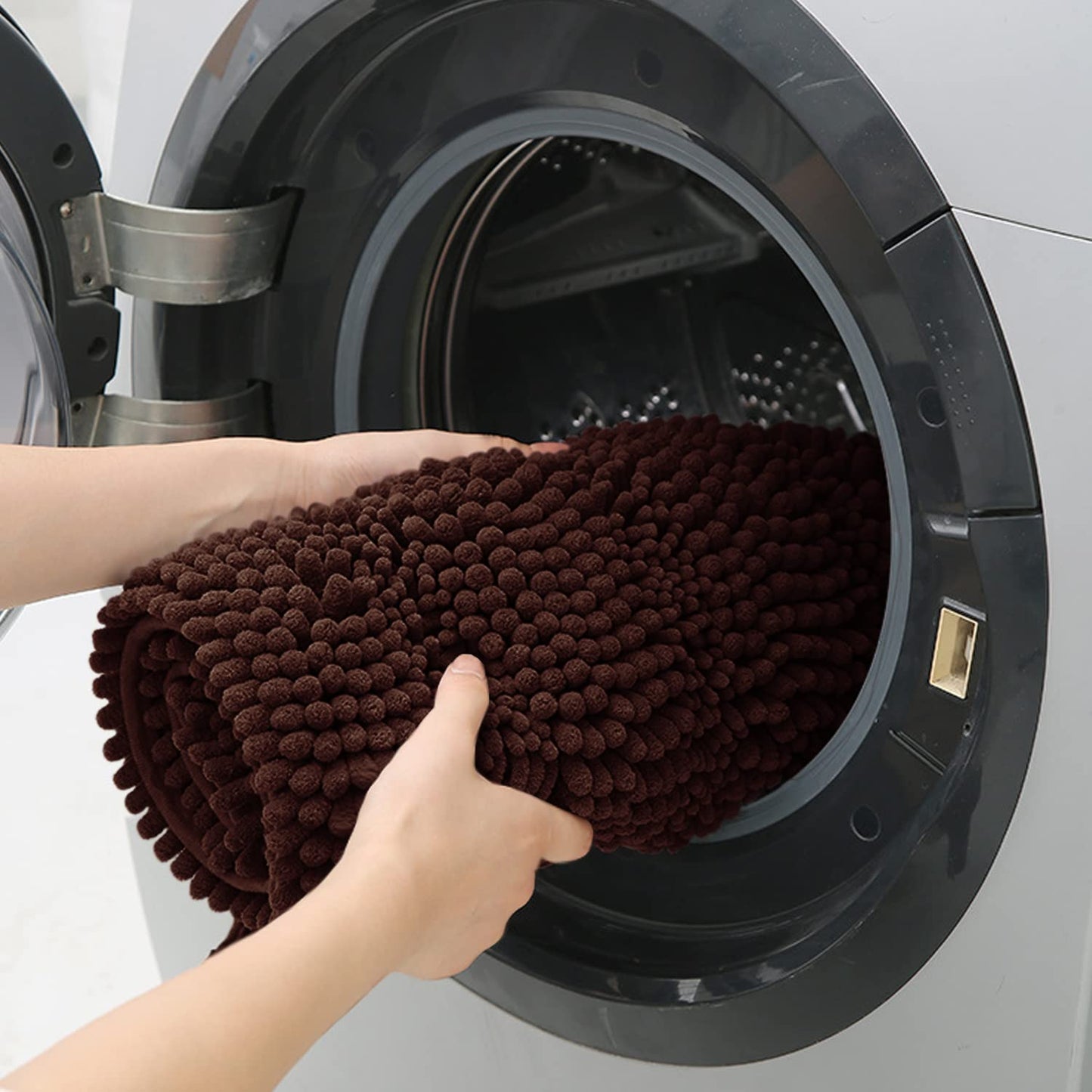 ACCUMTEK Striped Brown Bathroom Rug Mat 32"x20" Ultra Soft, Non Slip Chenille Bath Rugs, Absorbent Plush Shaggy Bath Mats for Bathroom, Bedroom, Kitchen, Shower, Tub