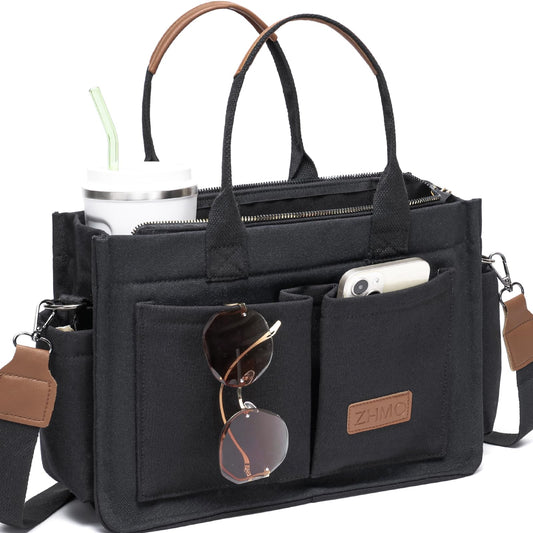 ZHMO Canvas Tote Bag for Women With Compartments and Zipper,Black Women's Bags Crossbody Bags Work Laptop Tote Bag Large Satchels Handbag Tote Purse Everyday Shoulder Bag for Travel Nurse Teacher Gift