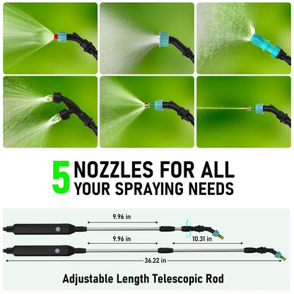 Battery Powered Garden Sprayer 2 Gallon, Electric Backpack Sprayer, Weed Yard Lawn Sprayer with 5 Mist Nozzles & Retractable Wand & Adjustable Strap for Lawn, Garden, Yard