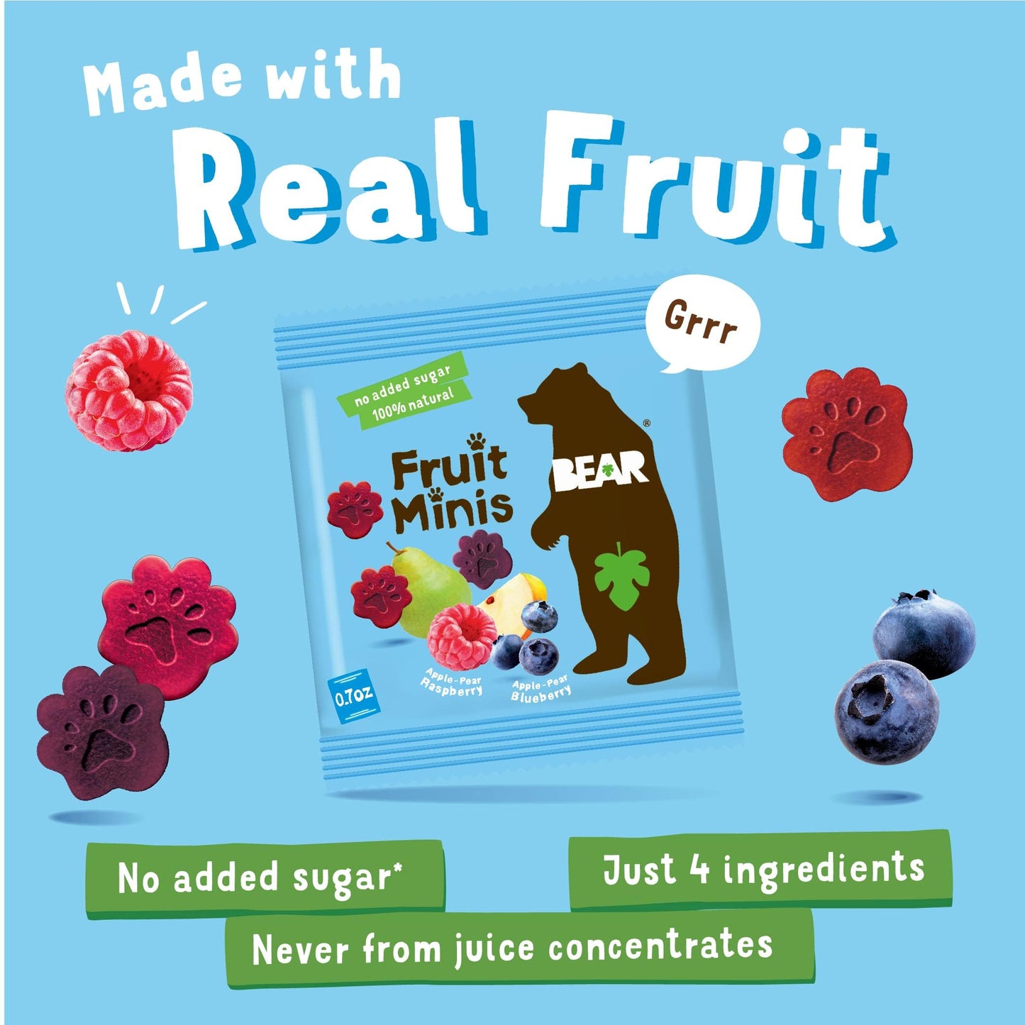 Bear Real Fruit Snack Minis, Raspberry/Blueberry