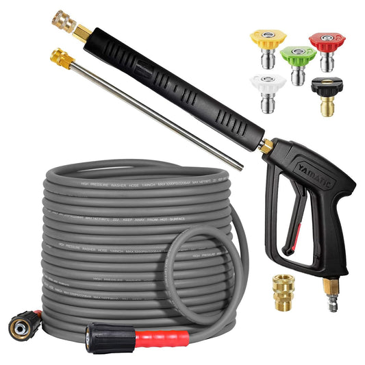 YAMATIC Pressure Washer Gun and Hose, 50 FT Flexible Hose with Stainless Steel Extension Power Washer Wand, 3/8" Swivel Quick Connect & M22-14mm Adapter Replacement for Ryobi Simpson Honda (Grey)