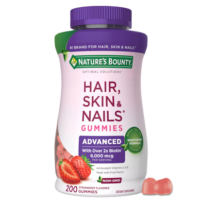 Nature's Bounty Optimal Solutions Advanced Hair, Skin and Nails Pectin Gummies, 2X Biotin Per Serving, No Stick Gummy, Vegetarian Formula, Strawberry Flavor, 200 ct, 100 Total Servings