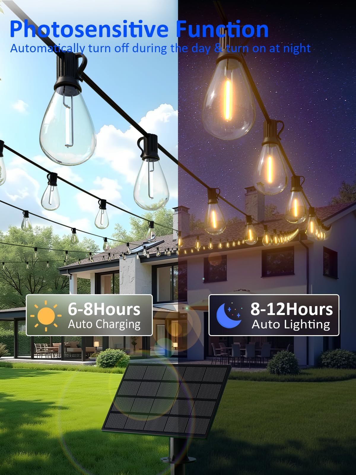 luckystyle 50FT Solar String Lights Outdoor Waterproof with 18+1 LED Bulbs Long Last for 20+Hrs, Commercial Grade Shatterproof USB Patio Solar Powered Lights for Camping，Backyard, Garden, Porch Decor