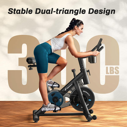 MERACH Exercise Bike, Brake Pad Stationary Bike with Exclusive App, Low Noise Indoor Cycling Bike with 300lbs Weight Capacity, Tablet Mount and Fitness Courses for Weight Loss