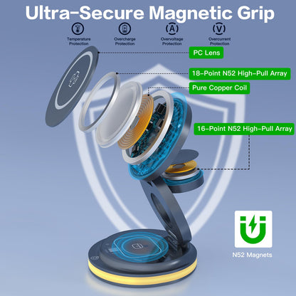 ZealSound 3-in-1 Foldable Magnetic Wireless Charger Stand – 15W Fast Charge with Night Light & Includes 30W Adapter, Portable Charging Pad for iPhone, Apple Watch & AirPods 2/3, Home, Office, Travel