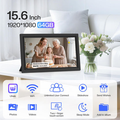 64GB Uhale 15.6" Digital Picture Frame, Large WiFi Electronic Photo Frames 1920 x 1080 IPS FHD Touch Screen, Share Photos and Videos Anywhere, Support SD/USB, Best Gifts for Parents and Grandparents