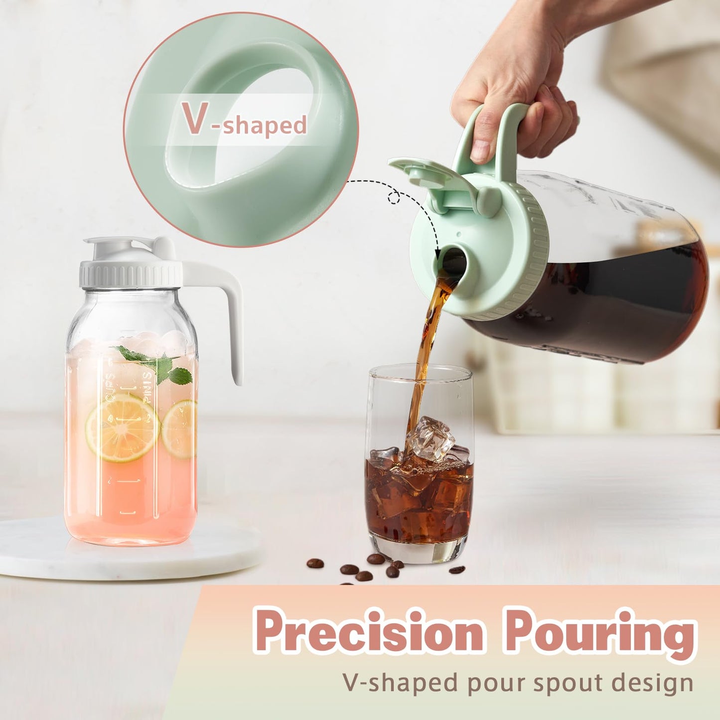 64oz Glass Pitcher with Lid & V-shaped Pour Spout - 2 Quart Breastmilk Pitcher Double Leak Proof, Creamer Container for Sun Tea, Juice, Cold Brew Coffee, Breastmilk Storage Containe