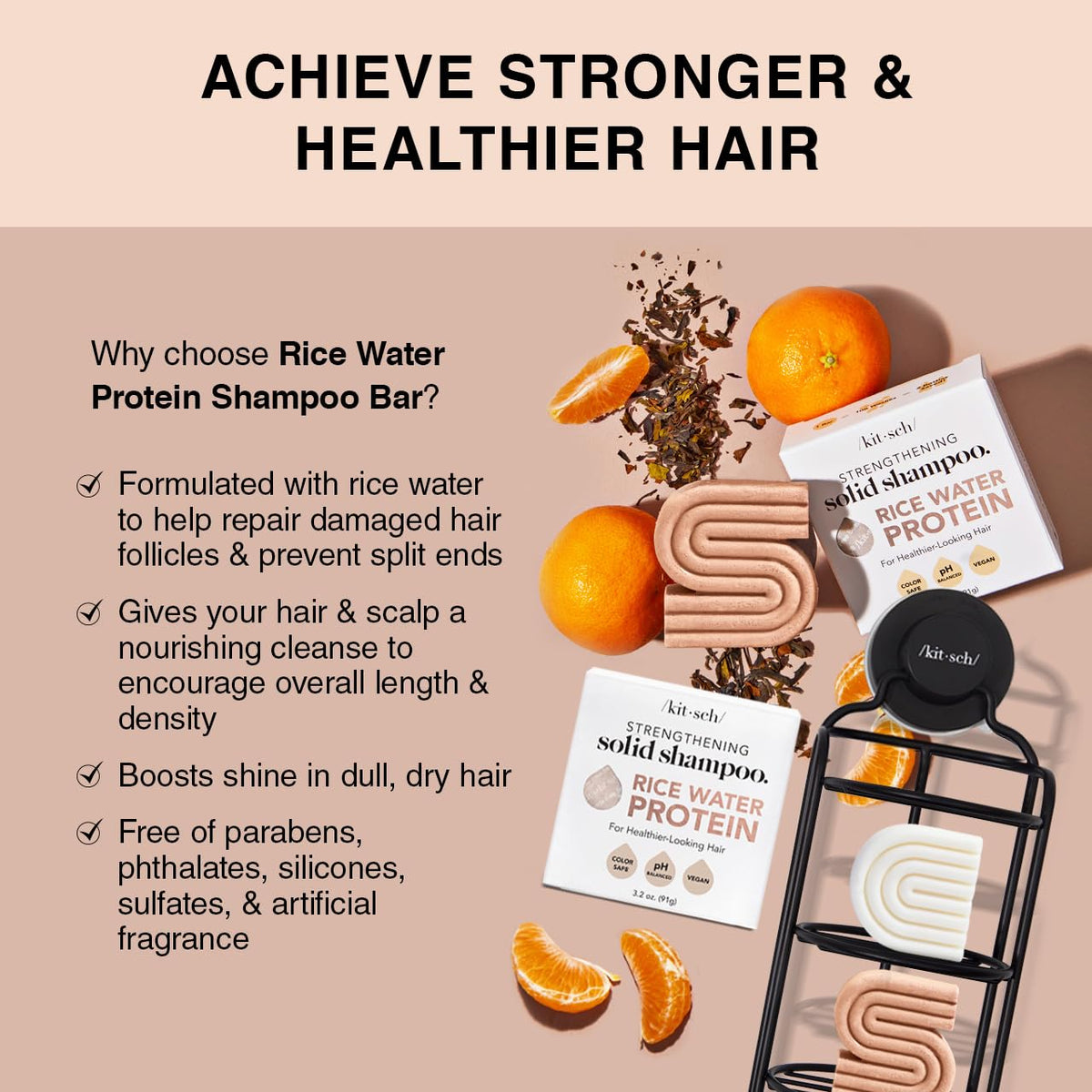 Kitsch Rice Water Shampoo & Conditioner Set - Solid Rice Water Shampoo & Conditioner Bar Soap for Hair Care, Strengthening & Nourishing Soap Bar, Paraben-Free & Sulfate-Free, Made in USA - 2pcs