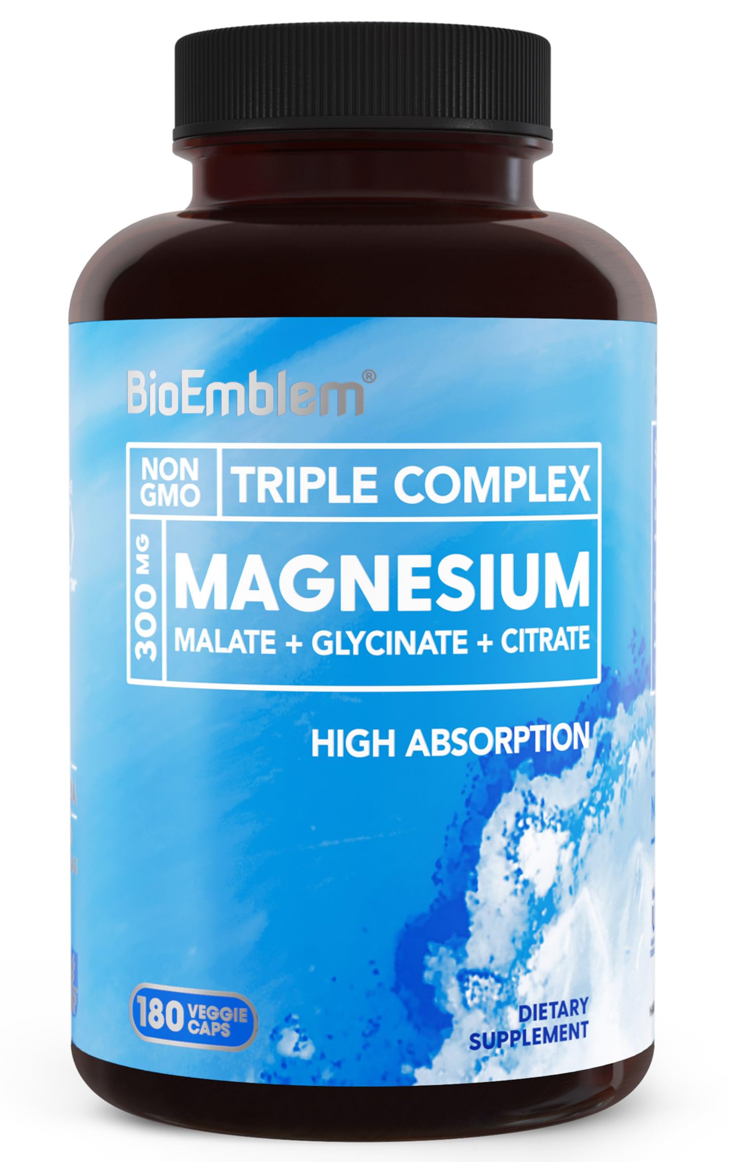 BioEmblem Triple Magnesium Complex | 300mg of Magnesium Glycinate, Malate, & Citrate for Muscles, Nerves, & Energy | High Absorption | Vegan, Non-GMO | 180 Capsules