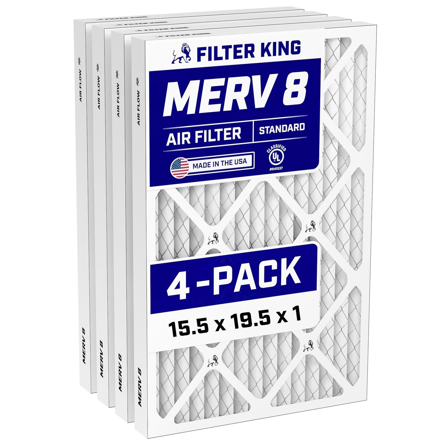 Filter King 15.5x19.5x1 Air Filter (MERV 8) (4-Pack) Dust & Allergy Control AC Furnace Filters, MADE IN USA, HVAC, Pleated, Electrostatic (Actual Size: 15.5 x 19.5 x .75)
