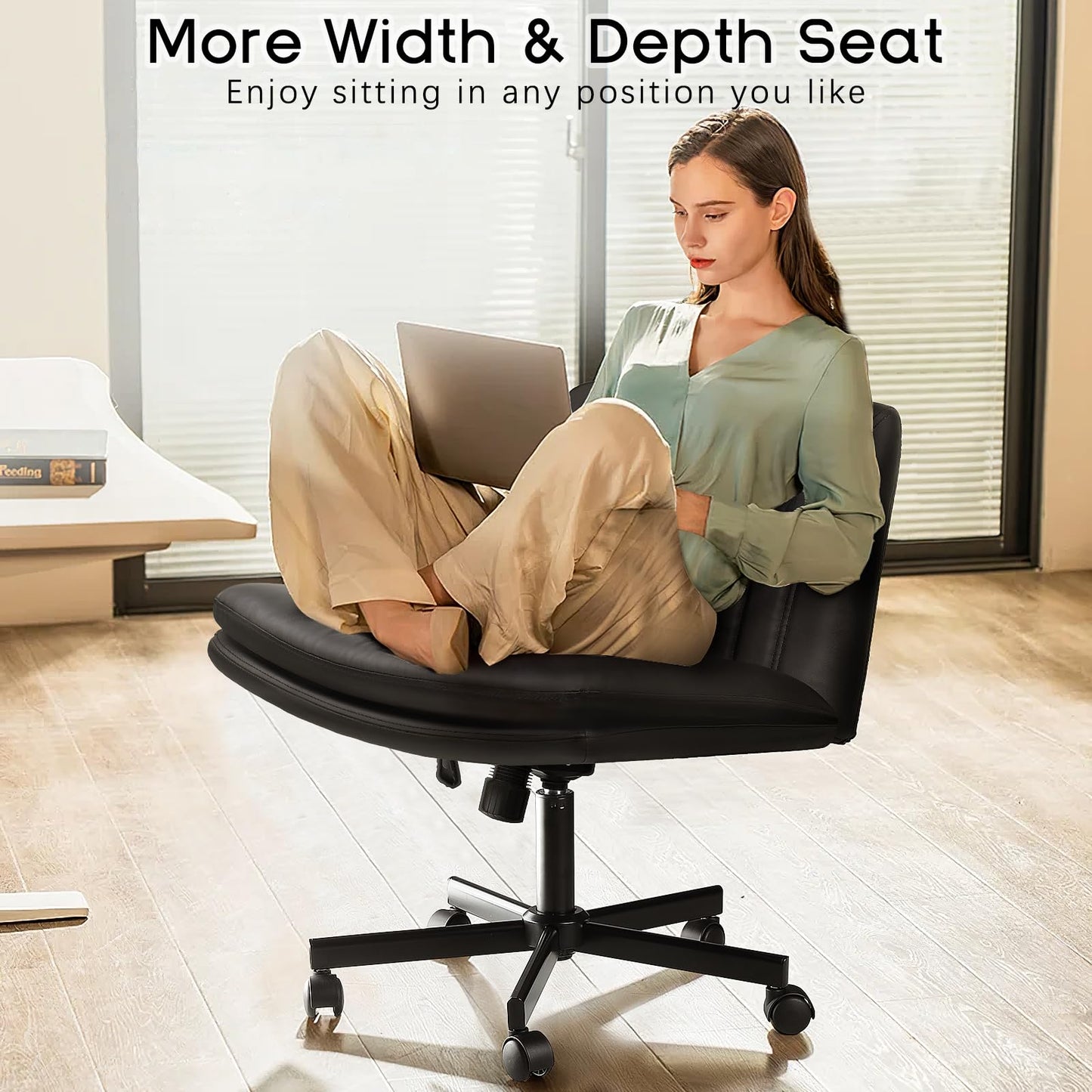 PUKAMI Criss Cross Chair with Wheels,PU Leather Armless Cross Legged Office Vanity Desk Chair for Home Office,Modern Swivel Height Adjustable Wide Seat(Black)
