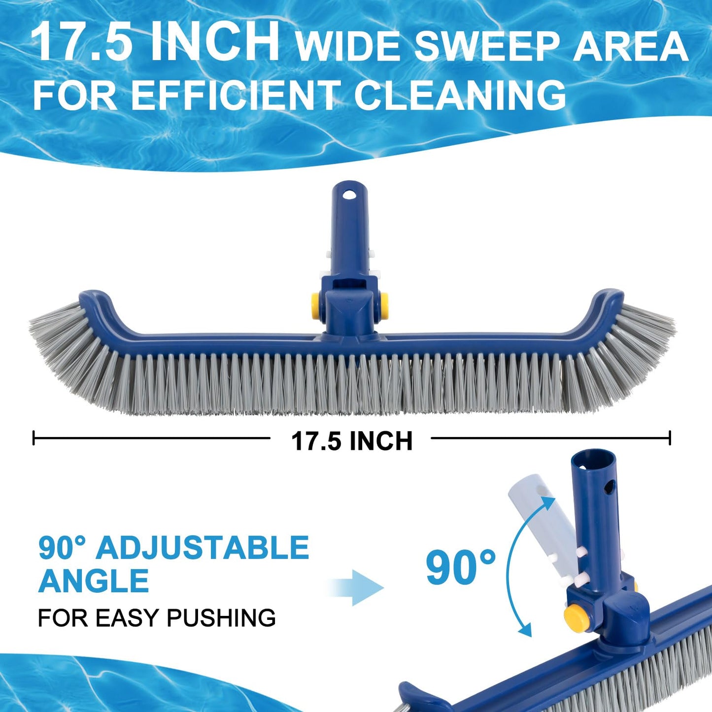 POOLAZA Pool Brush with Rotatable Handle,17.5" Pool Brush Head for Inground Pools, Above-Ground & Vinyl Pools, Heavy-duty Pool Brushes for Cleaning Pool Walls, Sturdy Pool Brush Fit Standard Pool Pole