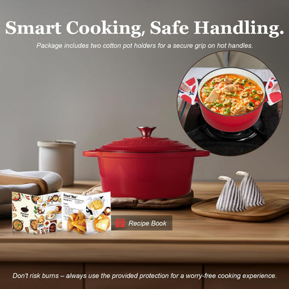 Overmont 5.5QT Enameled Cast Iron Dutch Oven with Lid Cookbook Heavy-Duty Casserole with Dual handles for Braising, Stews, Roasting, Bread Baking