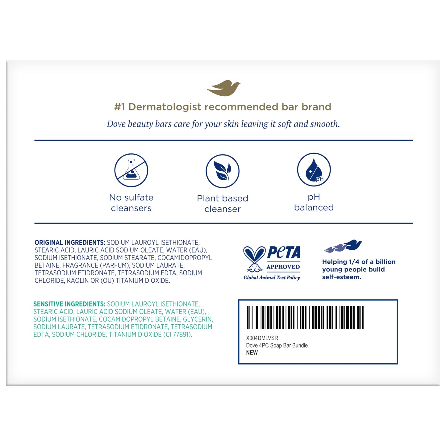 Dove Beauty Bar Soap Variety 4-Pack – Sensitive Skin, Fragrance-Free + Original, with Moisturizing Cream, 2.6 Oz Ea