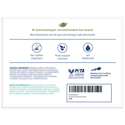 Dove Beauty Bar Soap Variety 4-Pack – Sensitive Skin, Fragrance-Free + Original, with Moisturizing Cream, 2.6 Oz Ea
