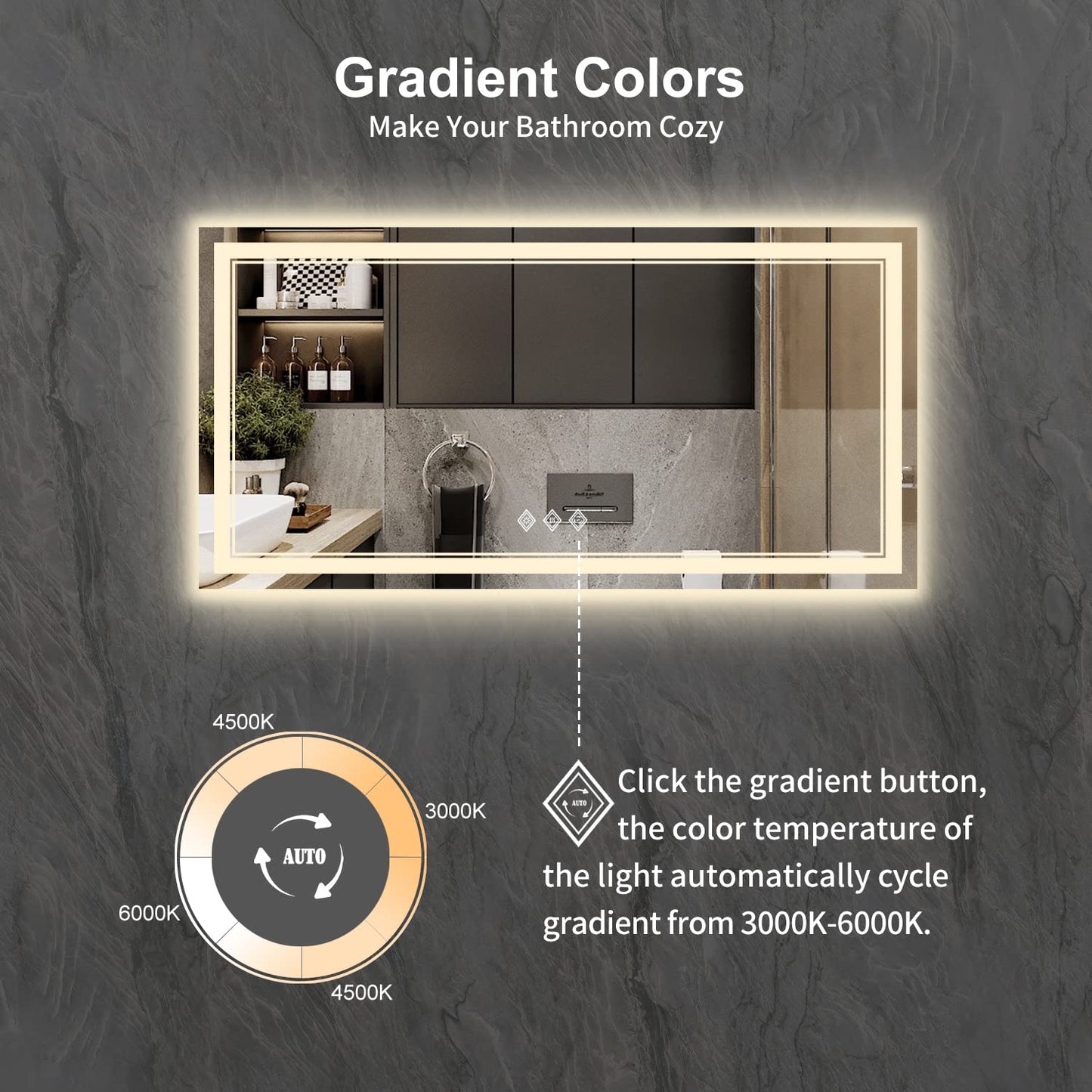 VanPokins Backlit Bathroom Mirror, 55x30 Inch Gradient Front and Backlit Mirror, 3 Colors Dimmable CRI>90 Double Lights, IP54 Enhanced Anti-Fog, Hanging Plates Wall Mount LED Bathroom Mirror