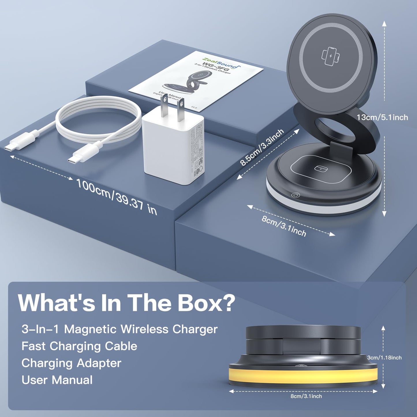 ZealSound 3-in-1 Foldable Magnetic Wireless Charger Stand – 15W Fast Charge with Night Light & Includes 30W Adapter, Portable Charging Pad for iPhone, Apple Watch & AirPods 2/3, Home, Office, Travel