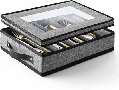 Flatware & Utensil Storage, Durable Silverware Storage Box with Padded Dividers, 5 Compartment Flatware Storage Case, Silverware Case with Handles, Protects and Organizes Cutlery, Grey