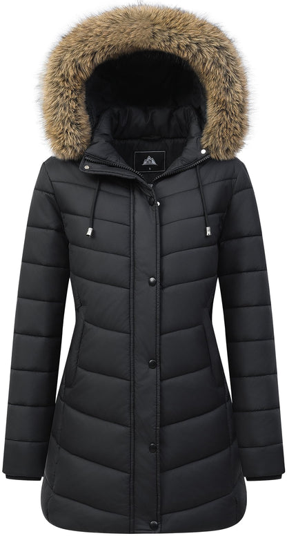 Women's Long Winter Puffer Coat Warm Thicken Fleece Lined Down Jacket Waterproof Detachable Hooded Parka