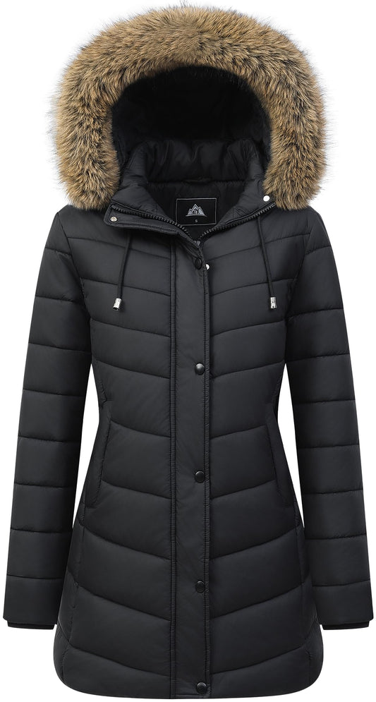 Women's Long Winter Puffer Coat Warm Thicken Fleece Lined Down Jacket Waterproof Detachable Hooded Parka