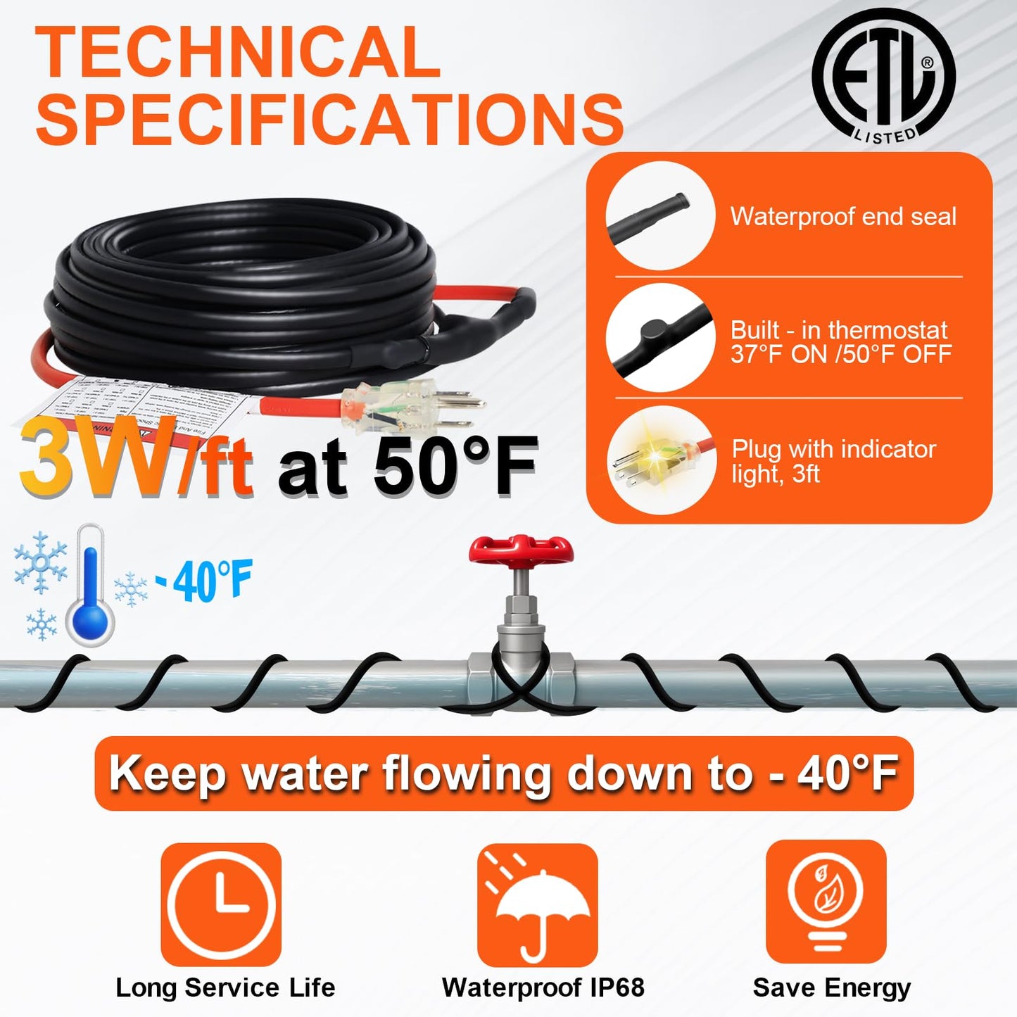 TOPDURE Superior Water Pipe Heat Cable for Pipe Freeze Protection, Self-Regulating Heating Cable for Metal and Plastic Pipes, Energy-Saving Heating Tape for Water Pipes, 40Ft, 120V