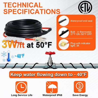 TOPDURE Superior Water Pipe Heat Cable for Pipe Freeze Protection, Self-Regulating Heating Cable for Metal and Plastic Pipes, Energy-Saving Heating Tape for Water Pipes, 40Ft, 120V