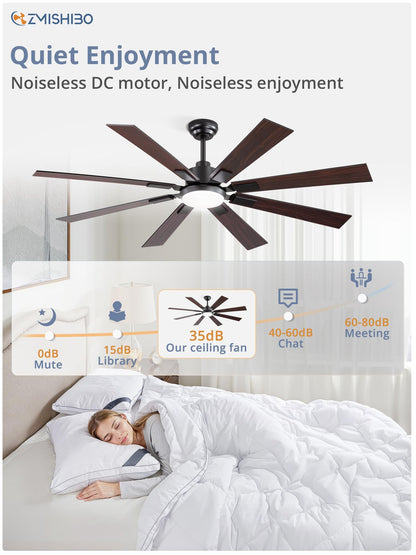 ZMISHIBO 62 inch Large Ceiling Fans with Lights and Remote, Indoor/Outdoor Black Modern Ceiling Fan for Kitchen Living Room Patio, 6 Speed Reversible Quiet DC Motor, 3 CCT, Dual Finish 8 Blades