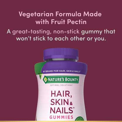 Nature's Bounty Optimal Solutions Advanced Hair, Skin and Nails Pectin Gummies, 2X Biotin Per Serving, No Stick Gummy, Vegetarian Formula, Strawberry Flavor, 200 ct, 100 Total Servings