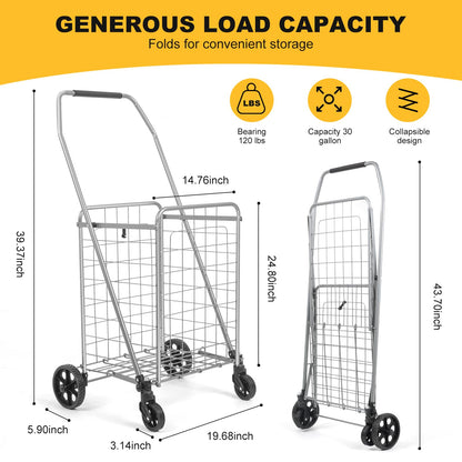 Shopping Cart with 360° Rolling Swivel Wheels, Portable Utility Cart for Grocery, Folding Shopping Cart with Waterproof Basket Liner, Collapsible Cart 120lbs, Sliver
