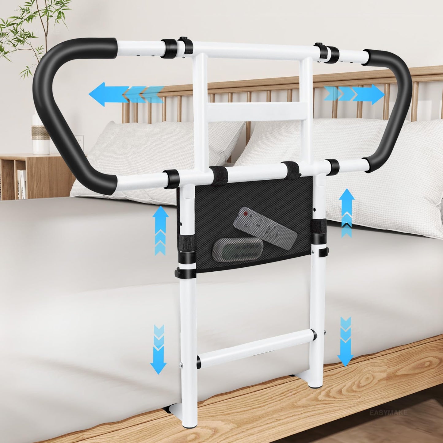 easymake Bed Rails for Elderly Adults Safety: Adjustable Bedside Assist Rails with Storage Pockets, Non-Slip Handles, Motion Sensor Light, Items for Elderly Bed Rail, 400LB Gravity Capacity