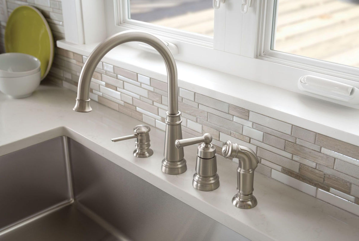 Moen Edison Spot Resist Stainless One-Handle High Arc 4-hole Kitchen Faucet with Side Sprayer and Soap Dispenser, 87042SRS