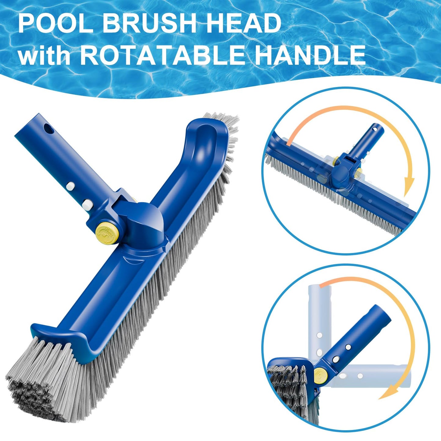 POOLAZA Pool Brush with Rotatable Handle,17.5" Pool Brush Head for Inground Pools, Above-Ground & Vinyl Pools, Heavy-duty Pool Brushes for Cleaning Pool Walls, Sturdy Pool Brush Fit Standard Pool Pole
