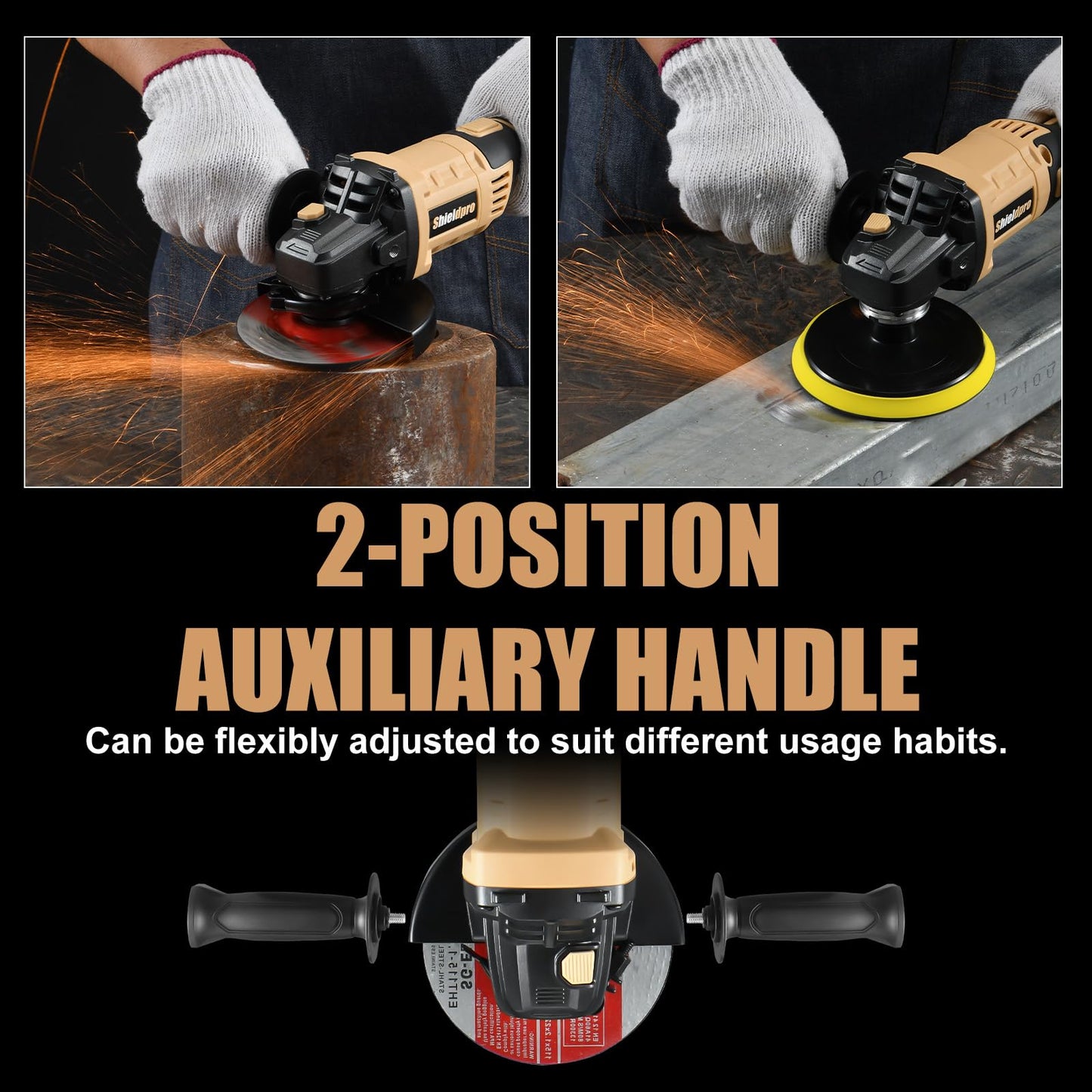 Shieldpro Cordless Angle Grinder 4-1/2 inch,3 Variable Speeds Grinder with Rotating head,2×20V 4.0Ah Batteries，Grinder Tool For Metal Cutting, Grinding, Polishing, Rust Removal