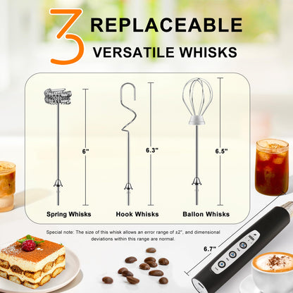 YUSWKO Black Handheld Milk Frother Wand for Coffee, Rechargeable Electric Whisk with 3 Heads 3 Speeds Drink Mixer Coffee Frother For Latte, Cappuccino, Hot Chocolate, Egg