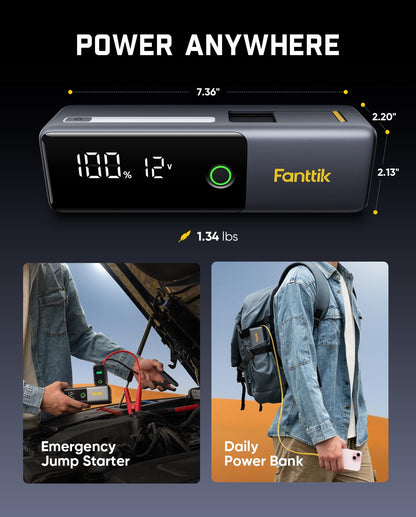 Fanttik Potent T10 1800A Portable Jump Starter, 12000mAh Power Bank, 12V Safe Lithium Jump Box with Smart SenseClamp, Retractable Charging Cable, Battery Booster for 7.0L Gas and 5.0L Diesel Engines