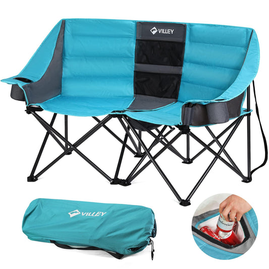 VILLEY Double Camping Chair w/Cooler Bag, Extra Wide Loveseat, Heavy Duty Padded Camping Couch, Portable Folding Chair w/Carry Bag Steel Frame Cup Holders for Camp Lawn Picnic Sports, Support 600LBS