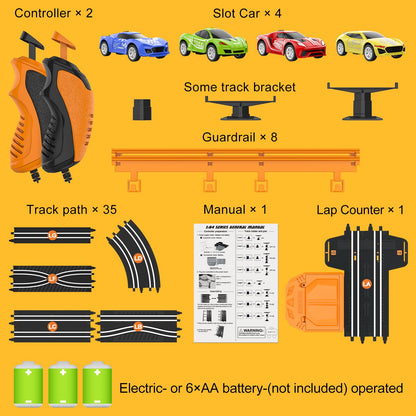 Slot-Car-Race-Track-Sets for Boys Kids, Battery or Electric Race Car Track with 4 High-Speed Slot Cars, Dual Racing Game 2 Hand Controllers Circular Overpass Track, Toys Gifts for 6-8 8-12 Boys Girls