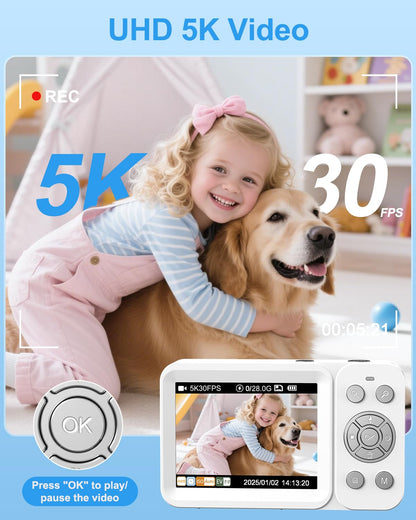 Hoorola 5K Digital Camera, 80MP Dual Screen Autofocus Vlogging Camera, 18X Zoom Point and Shoot Camera for Photography, Flash, 32GB Card, 2 Batteries, Compact Camera for Teens Adults (White)