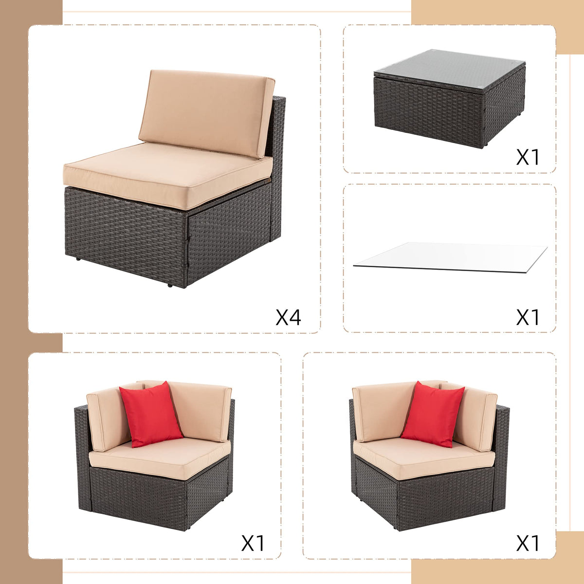 Shintenchi 7 Pieces Patio Furniture Sets Outdoor All-Weather Sectional Patio Sofa Set PE Rattan Manual Weaving Wicker Patio Conversation Set with Glass Table&Ottoman Cushion and Red Pillows, Beige