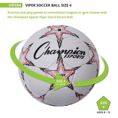 Champion Sports Viper Soccer Ball, Size 4 – Soft Touch TPU Cover, Airlock Bladder – Ages 8-12 – Red/Black/White