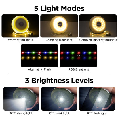 OGERY Camping String Lights, 4 in 1 Quick Storage 32.8FT Rechargeable Tent Lights String with 8 Lighting Modes, Hanging Waterproof Portable LED Lamp for Outdoor Patio Awning Garden Party Essentials