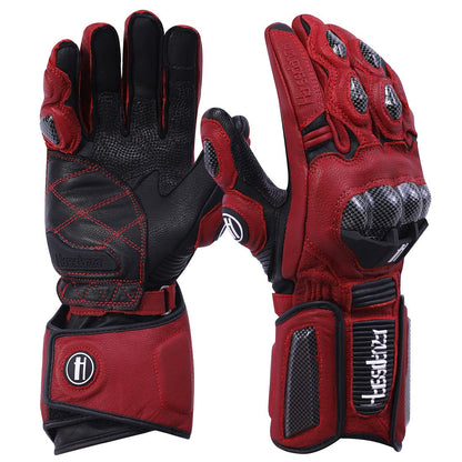 Harssidanzar Leather Motorcycle Gloves for Men and Women,Powersports Carbon Fiber Knuckle Protection Motorbike Gloves KM045,Oxblood/Black,Size XL