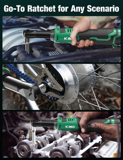 KIMO 3/8" Extended Electric Ratchet Wrench Set, 40 Ft-Lbs 400 Rpm 12V Cordless Ratchet Wrench w/ 2-Pack 2.0 Ah Batteries, 1 Hour Fast Charger & 8 Sockets, Power Ratchet w/Variable Speed & LED Light